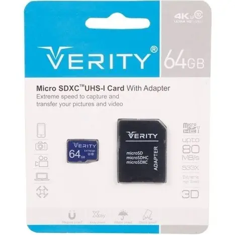 کارت حافظه وریتی ۶۴ گیگابایت مدل A1 U3 C10 با سرعت ۸۰MB/s